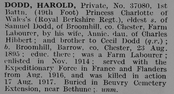 Dodd H Pte 37080 1st Royal Berkshire Regiment Obit De Ruvignys Roll Of Honour Vol 3