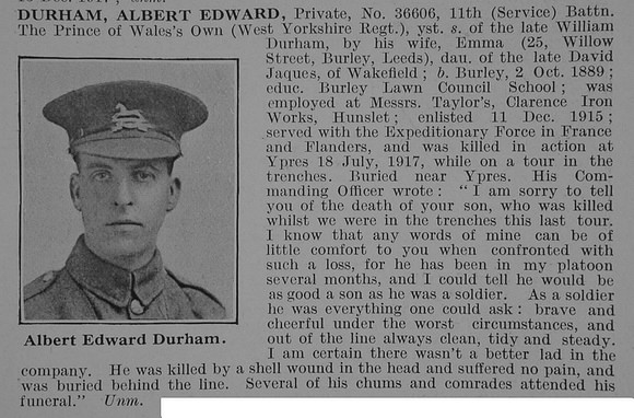 Durham A E Pte 11th West Yorkshire Regiment Obit De Ruvignys Roll Of Honour Vol 3