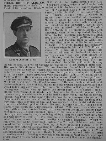 Field R A Captain MC 2nd Yorkshire Regiment Obit De Ruvingys Roll Of Honour Vol 3