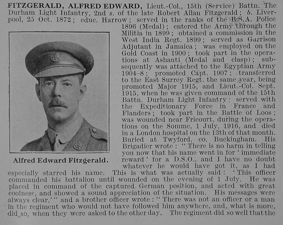 Fitzgerald A E Lt Col 15th Durham Light Infantry Obit Part 1 De Ruvignys Roll Of Honour Vol 3