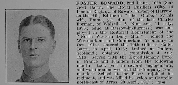Foster E 2nd Lt 10th Royal Fusiliers Obit De Ruvignys Roll Of Honour Vol 3