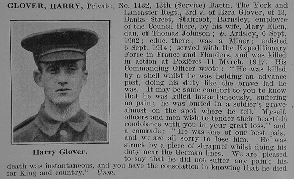 Glover H Pte 13th York & Lancs Regiment Obit De Ruvignys Roll Of Honour Vol 3