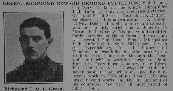 Green R E O L 2nd Lt 6th Shropshire Light Infantry Obit De Ruvignys Roll Of Honour Vol 3
