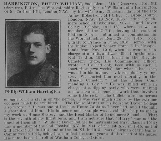 Harrington P W 2nd Lt 9th Worcestershire Regiment Obit De Ruvignys Roll Of Honour Vol 3
