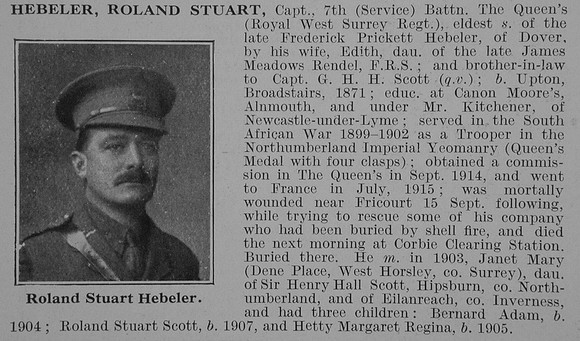 Hebeler R S Captain 7th Queens Royal West Surrey Regiment Obit De Ruvignys Roll Of Honour Vol 3