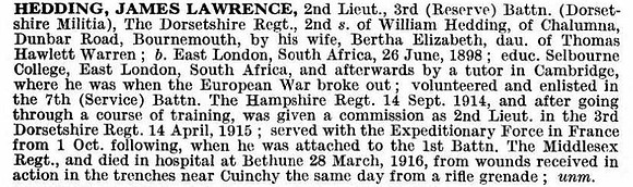 Hedding J L 2nd Lt Dorset Regiment Obit De Ruvignys Roll Of Honour Vol 3