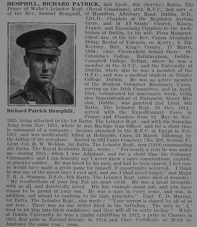 Hemphill R P 2nd Lt 6th Leinster Regt Attd Royal Flying Corps Obit De Ruvignys Roll Of Honour Vol 3