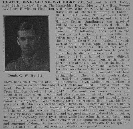 Hewitt D G W 2nd Lt VC 1st Attd 14th Hampshire Regiment Obit De Ruvignys Roll Of Honour
