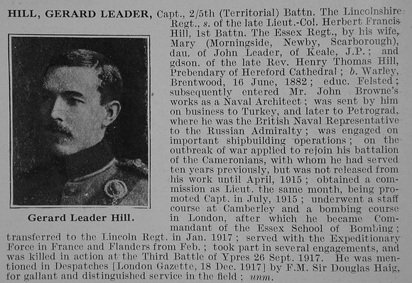 Hill G L Captain 5th Lincolnshire Regiment Obit De Ruvignys Roll Of Honour Vol 3