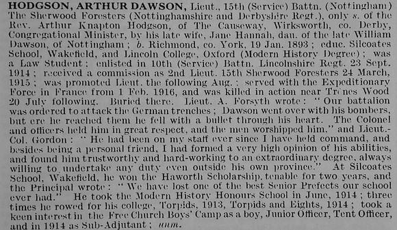 Hodgson A D Lt 15th Notts And Derby Regiment Obit De Ruvignys Roll Of Honour Vol 3