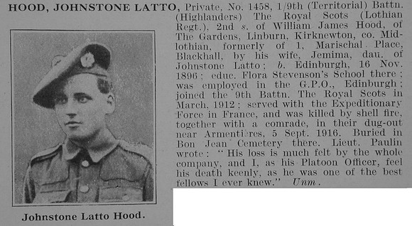 Hood J L Pte 9th Royal Scots Obit De Ruvignys Roll Of Honour Vol 3