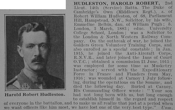 Hudleston H R 2nd Lt 14th Middlesex Regiment Obit De Ruvignys Roll Of Honour Vol 3