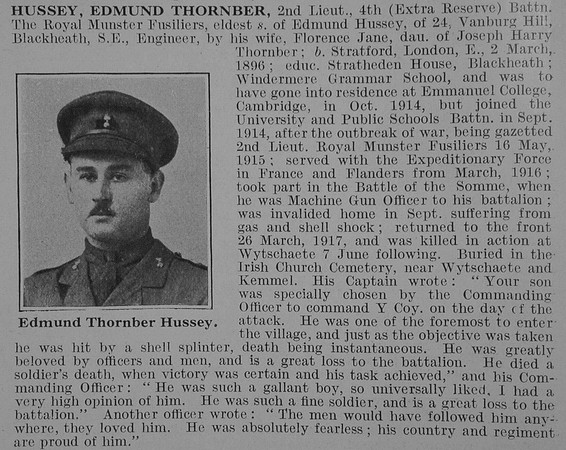 Hussey E T 2nd Lt 4th Royal Munster Fusiliers Obit De Ruvignys Roll Of Honour Vol 3