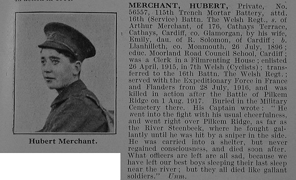 Merchant H Pte 16th Welsh Regiment Obit De Ruvignys Roll Of Honour Vol 3