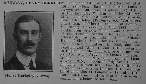 Murray H B Lt 13th Attd 10th Argyll & Sutherland Highlanders Obit De Ruvignys Roll Of Honour Vol 3