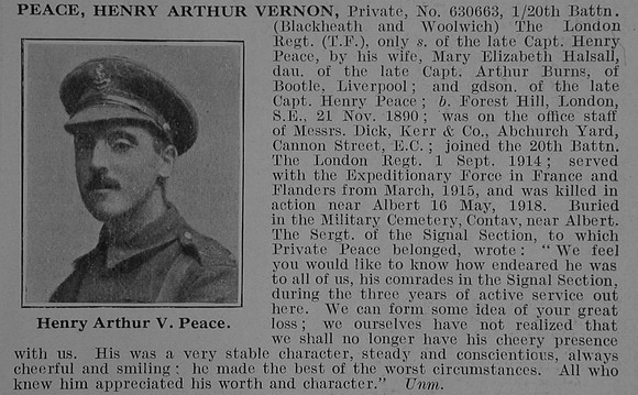 Peace H A V Pte 20th London Regiment Obit De Ruvignys Roll Of Honour Vol 3