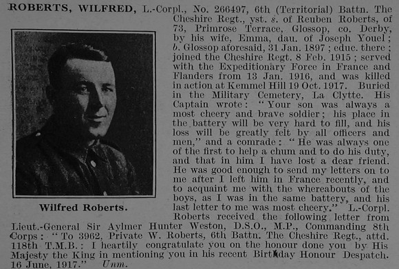 Roberts W L/Cpl 266497 6th Cheshire Regiment Obit De Ruvignys Roll Of Honour Vol 3