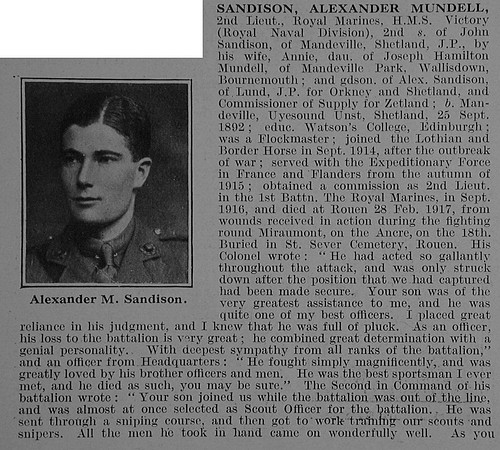 Sandison A M 2nd Lt 1st R.M. Bn. R.N. Div. Royal Marine Light Infantry Obit Part 1 De Ruvignys Roll Of Honour Vol 3