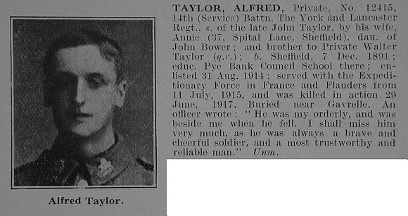 Taylor A Pte 12415 14th York & Lancs Regiment Obit De Ruvignys Roll Of Honour Vol 3