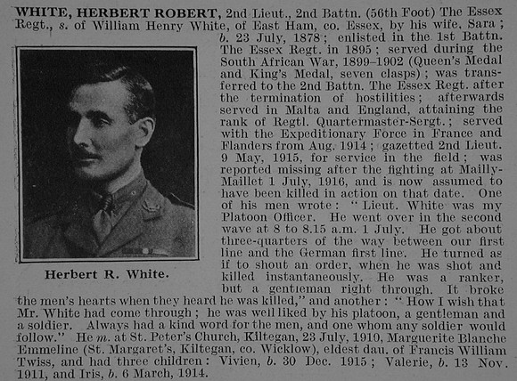 White H R 2nd Lt 2nd Essex Regiment Obit De Ruvignys Roll Of Honour Vol 3