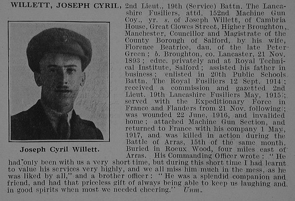 Willett J C 2nd Lt 19th Lancashire Fusiliers Obit De Ruvignys Roll Of Honour Vol 3