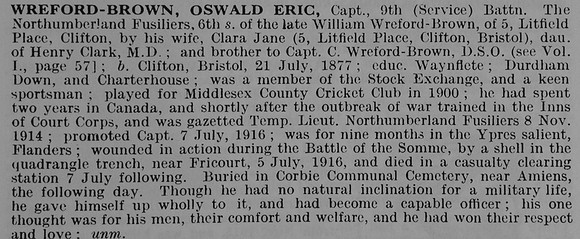 Wreford-Brown O E Captain 9th Northumberland Fusiliers