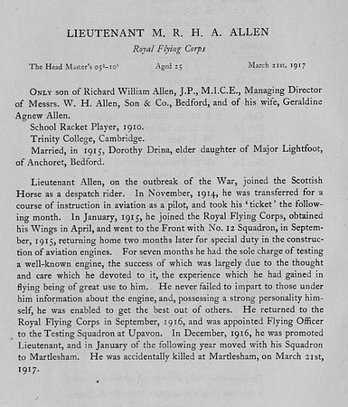 Allen M R H A Lt Royal Flying Corps Obit