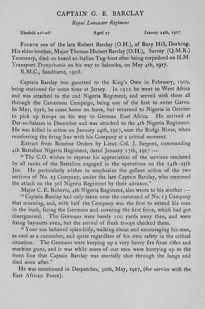 Barclay G E Captain Kings Own Obit