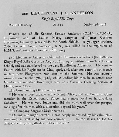 Anderson J S 2nd Lt Kings Royal Rifle Corps Obit