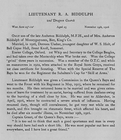 Biddulph R A Lt 2nd Dragoon Guards Obit