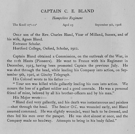Bland C E Captain Hampshire Regiment Obit