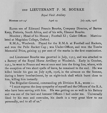 Bourke P M 2nd Lt Royal Field Artillery Obit