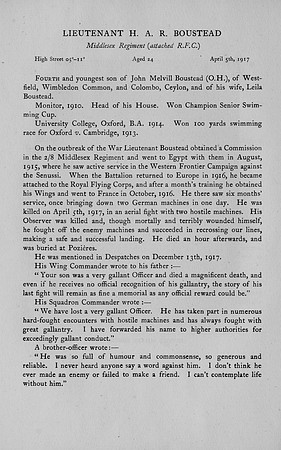 Boustead H A R Lt Royal Flying Corps Obit