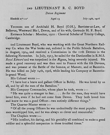Boyd R C 2nd Lt Devonshire Regiment Obit