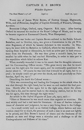 Brown E F Captain Wiltshire Regiment Obit