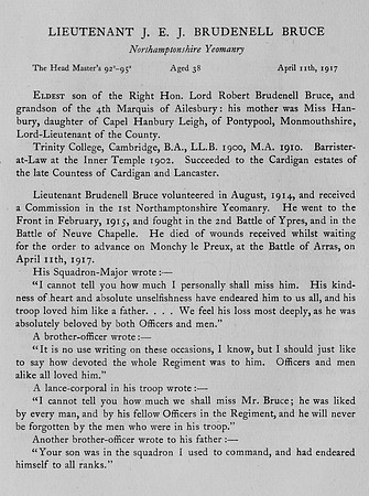 Brudenell-Bruce J E J Lt Northamptonshire Yeomanry Obit