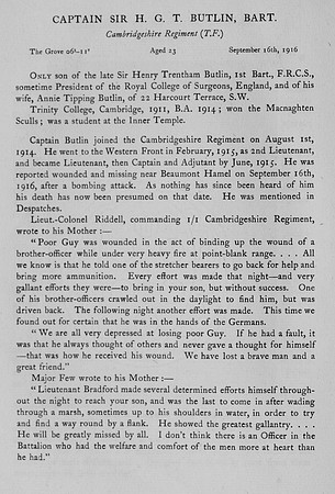 Butlin H G T Captain Sir Cambrideshire Regiment Obit