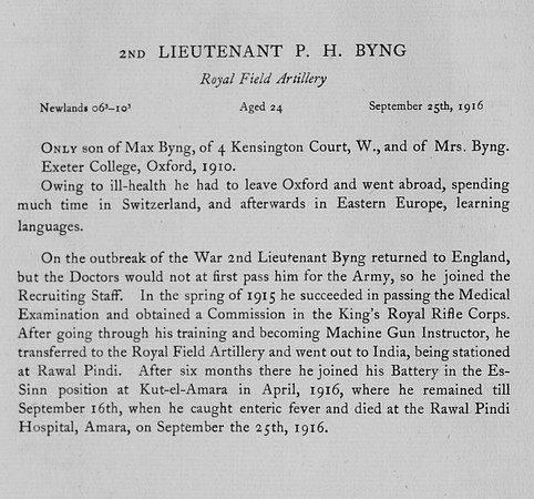 Byng P H 2nd L Royal Field Artillery Obit