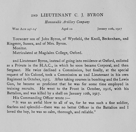 Byron C J 2nd Lt Honourable Artillery Company Obit