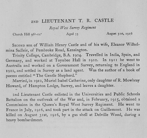 Castle T R 2nd Lt Royal West Surrey Regiment Obit