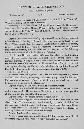 Chancellor R A B Captain Royal Berkshire Regiment Obit