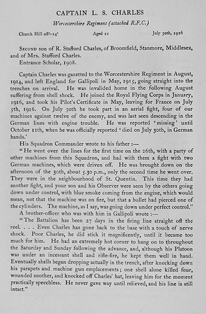 Charles L S Captain Worcestershire Regiment Attd Royal Flying Corps Obit