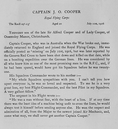 Cooper J O Captain Royal Flying Corps Obit