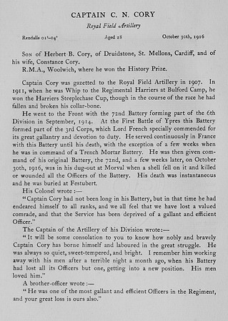 Cory C N Captain Royal Field Artillery Obit