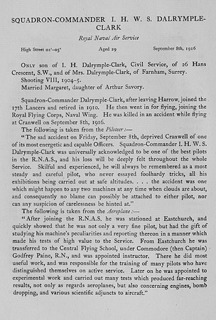 Dalrymple-Clark I H W S Squad Comm Royal Naval Air Service Obit