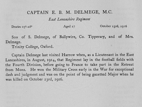 Delmege E B M Captain MC East Lancs Regiment Obit