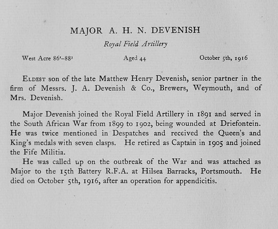 Devenish A H N Major Royal Field Artillery Obit