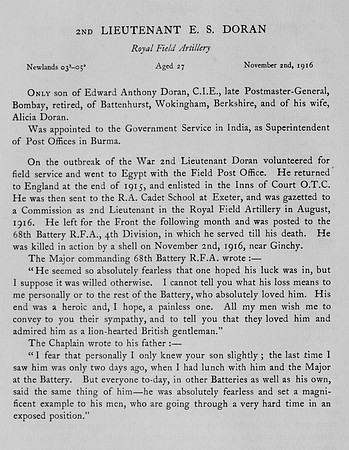Doran E S 2nd Lt Royal Field Artillery Obit