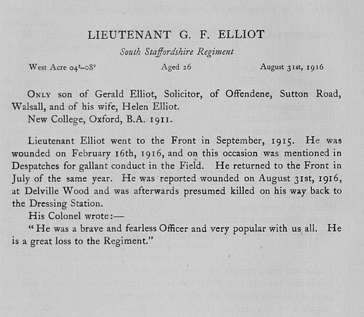Elliot G F Lt South Staffs Regiment Obit