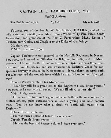 Farebrother H S Captain MC Norfolk Regiment Obit